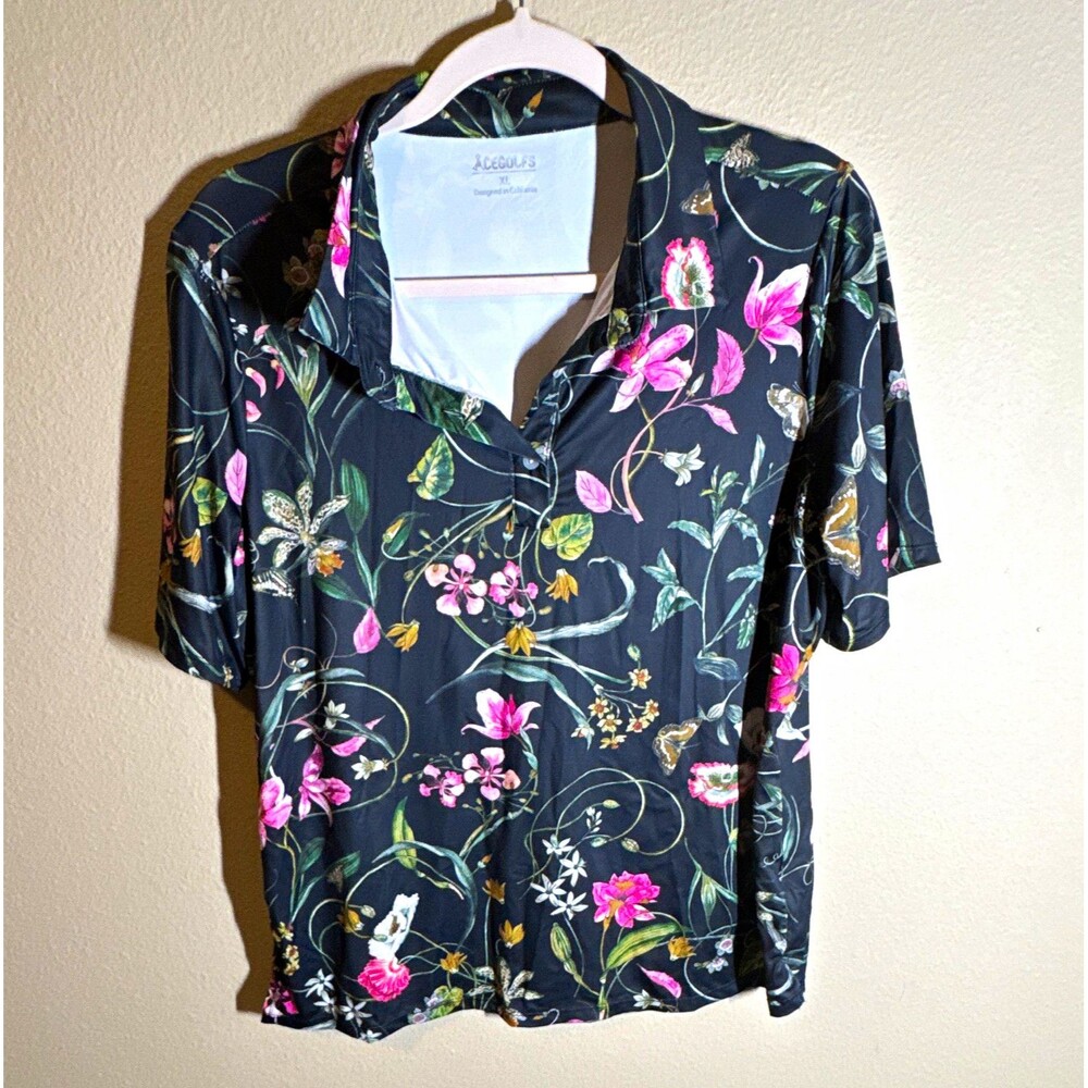 ACEGOLFS Men’s Polo Shirt XL Black Floral Short Sleeve Collared
